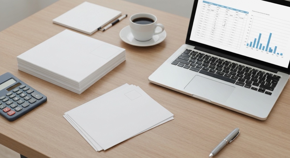 A clean flat lay of stacked white direct mail envelopes and postcards, a calculator, a coffee cup, a pen, and a laptop showing a spreadsheet with a bar chart, representing a real estate direct mail campaign tracker in Excel