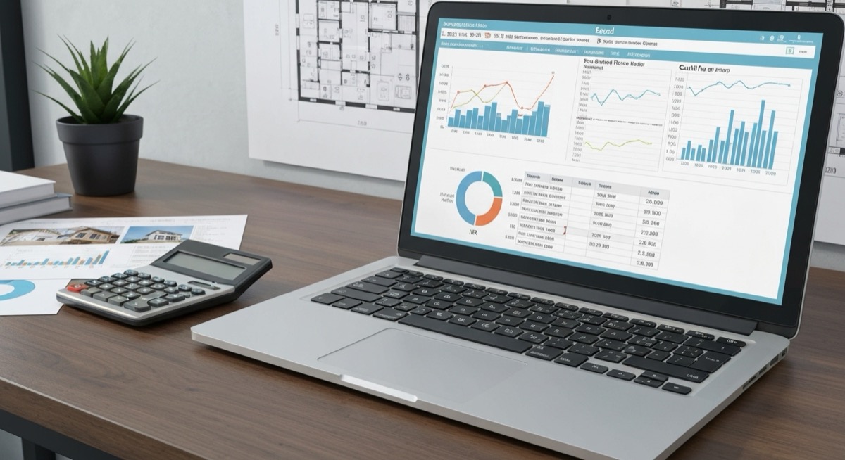 Professional real estate investment analysis workspace with Excel spreadsheet showing IRR calculations, financial charts, calculator, and property investment documents