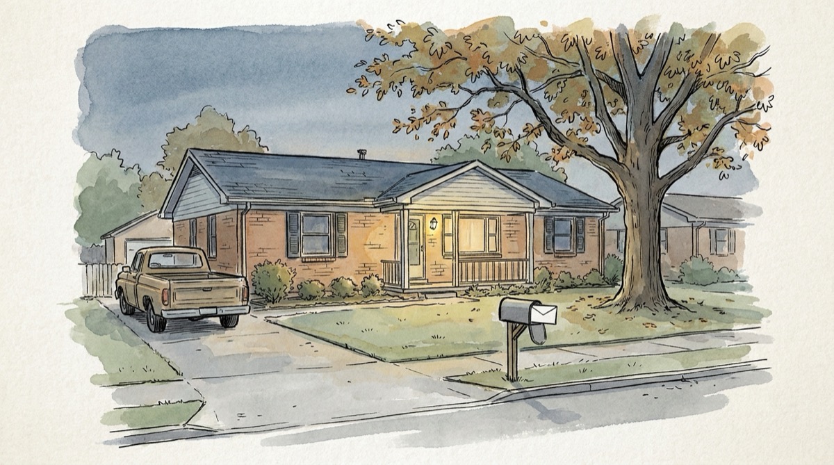 Ink and watercolor sketch of a brick ranch house at dusk with the porch light on, a pickup in the driveway and an envelope in the curbside mailbox