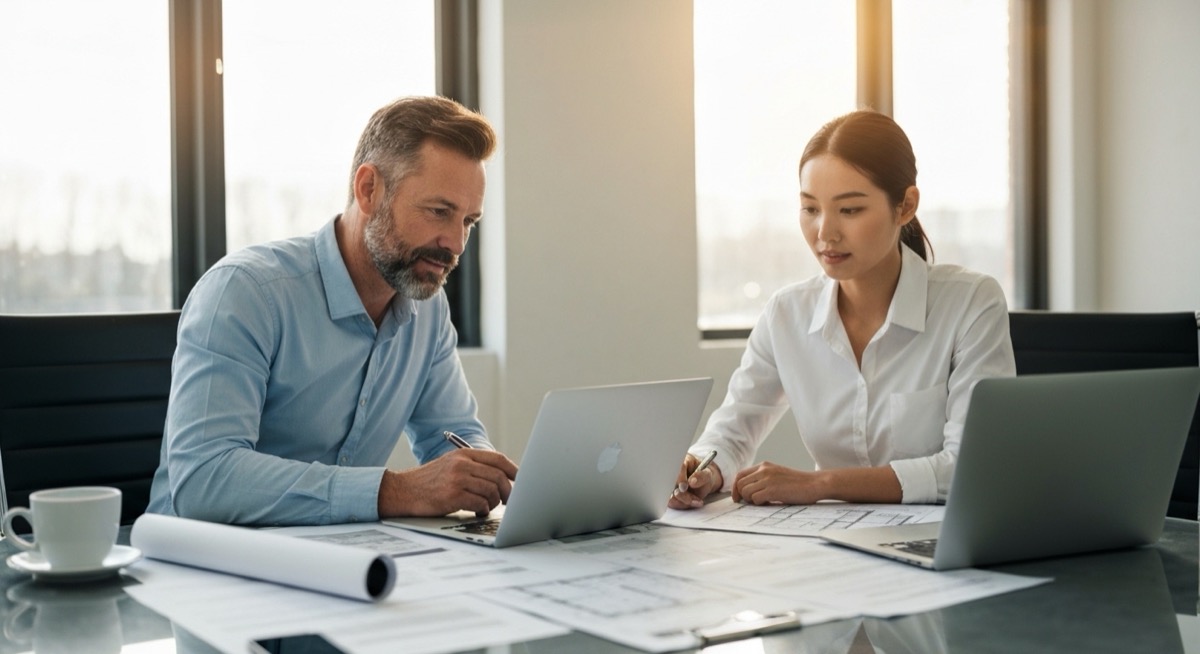 Two real estate partners reviewing partnership split calculations on laptop with property documents spread on conference table
