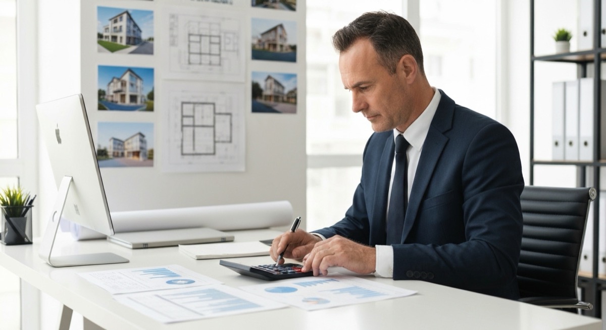 Professional real estate investor analyzing property portfolio spreadsheets and financial documents at modern office desk