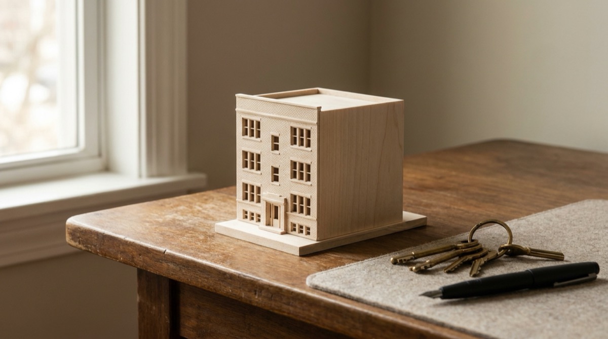 Basswood architectural model of a three story walk-up apartment building on a wooden desk beside a ring of brass keys and a fountain pen