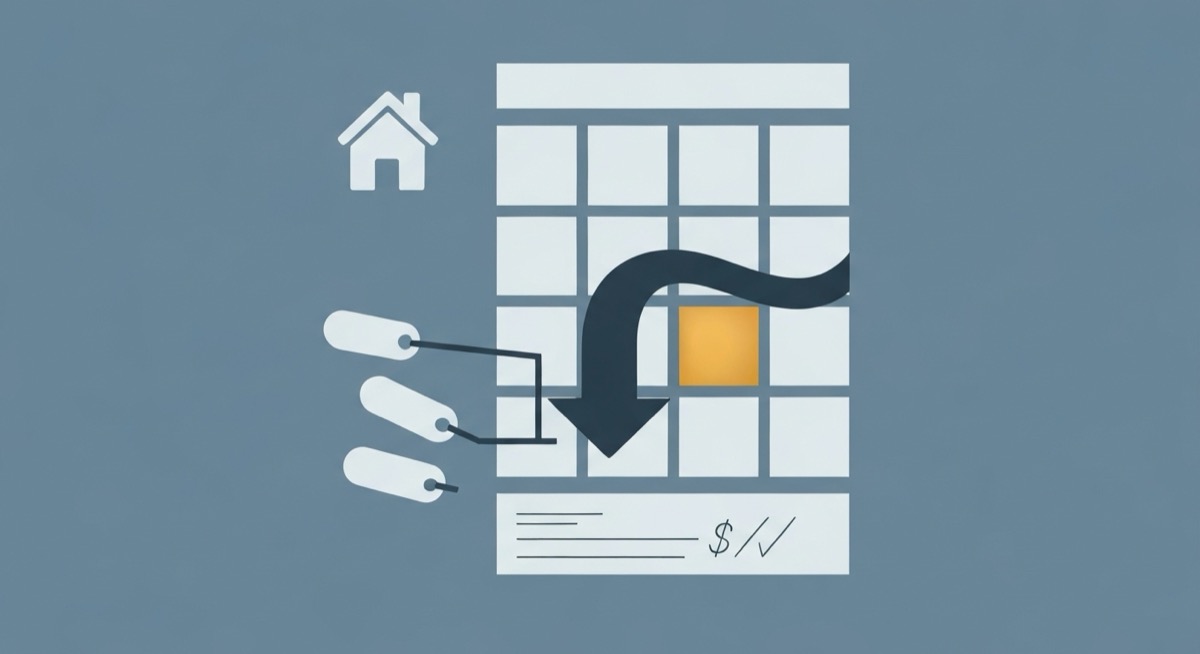 Flat illustration of a house feeding into a spreadsheet with one gold cell for net proceeds, small tags branching off for deductions like commission and transfer tax, and a bank check at the bottom, representing a real estate seller net sheet in Excel