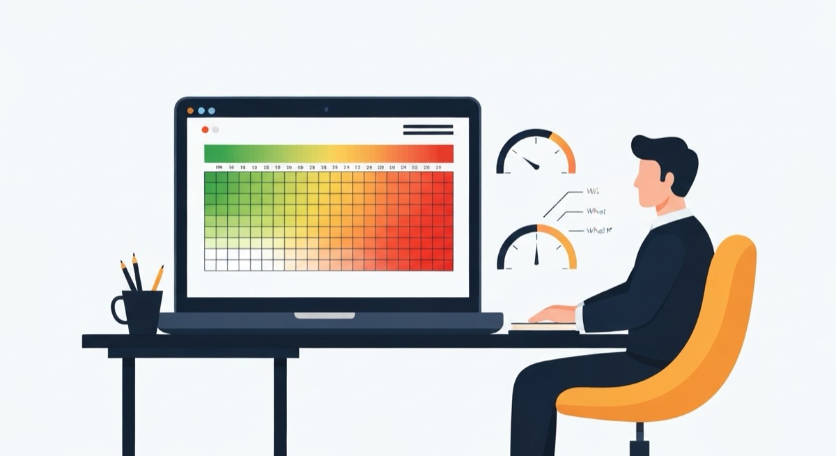 Flat illustration of a real estate investor at a desk stress-testing a flip deal, with a laptop showing a spreadsheet data table heat map shading from green to red, two gauge dials, and what-if scenario labels