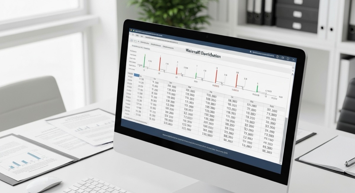 Professional spreadsheet showing waterfall distribution calculations on computer screen in modern real estate investment office
