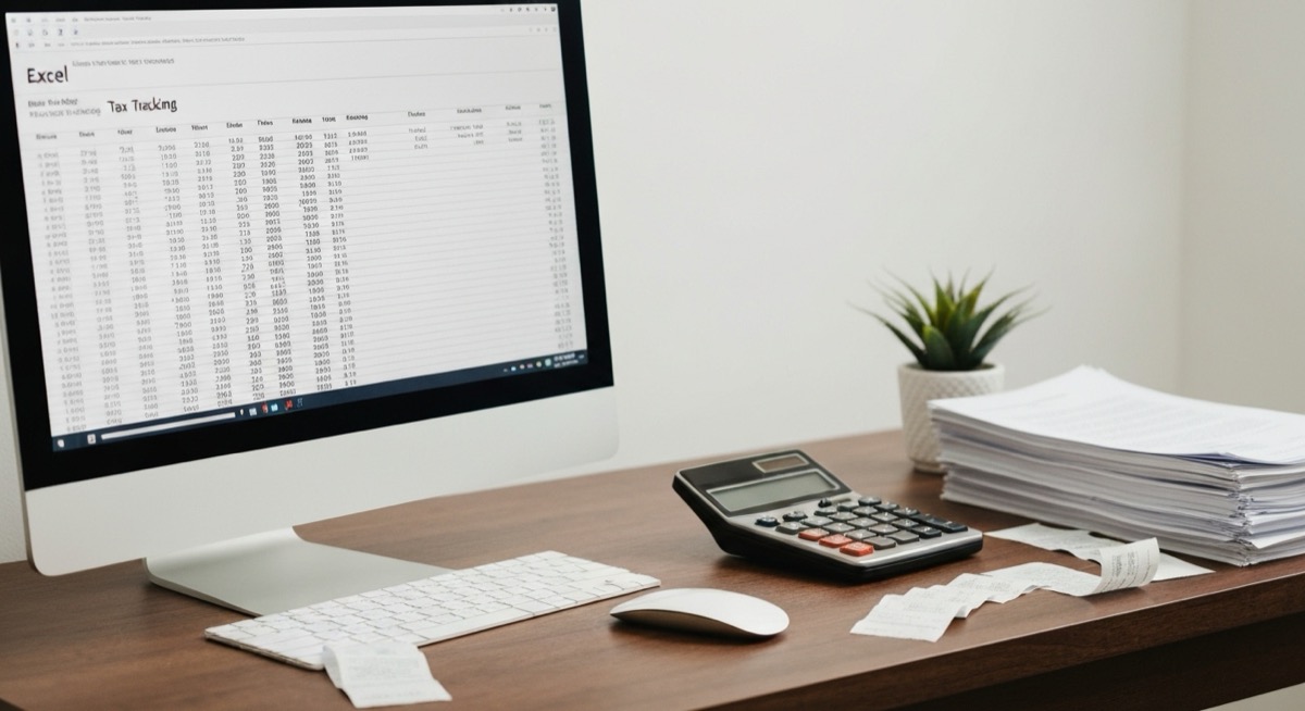 Professional workspace with Excel spreadsheet showing real estate tax tracking system, calculator, and property documents
