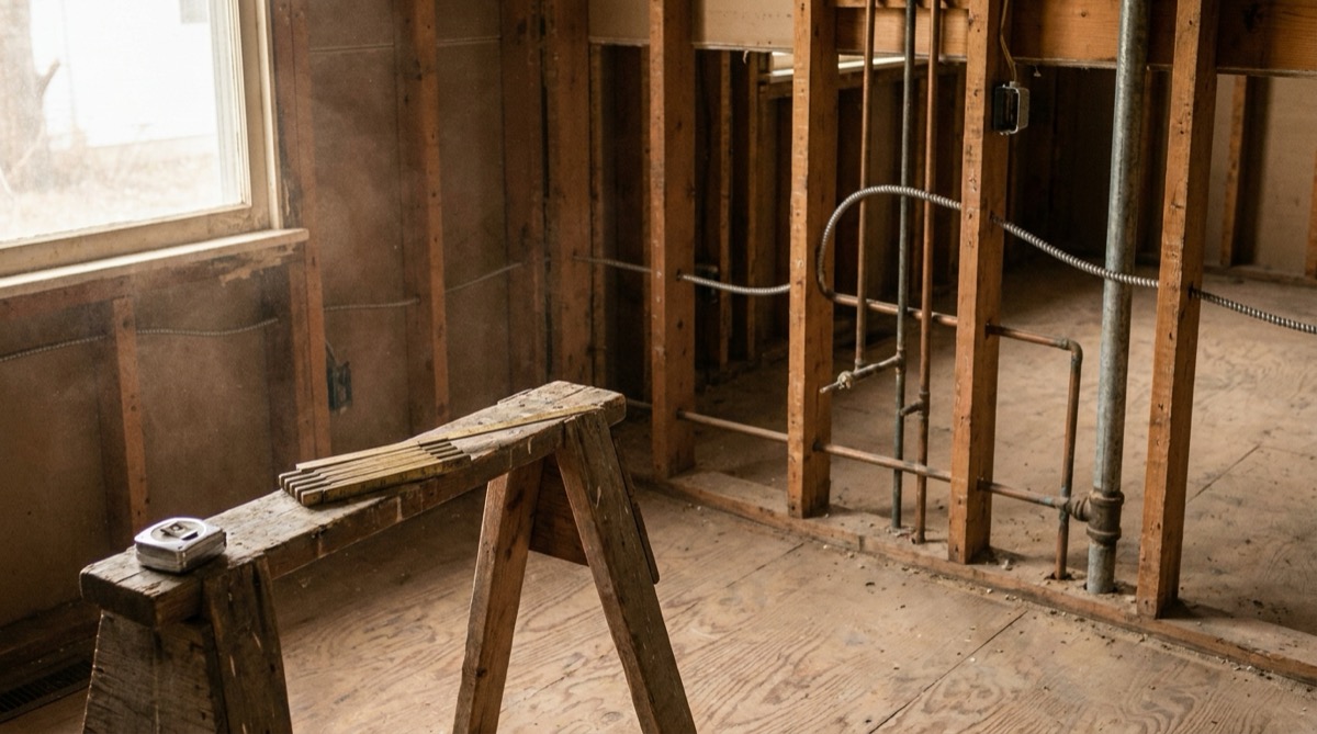 Gutted 1950s house interior with open studs, exposed galvanized and copper pipe and conduit, a folding carpenter rule and tape measure on a sawhorse