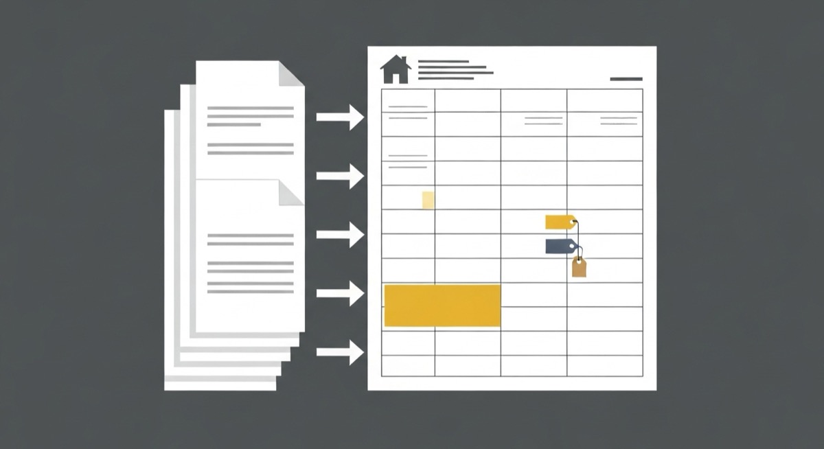 Flat illustration of three stacked contractor bid documents feeding into a single spreadsheet with three price columns, a house icon, a gold highlighted row, and status tags, representing a rehab scope of work template in Excel