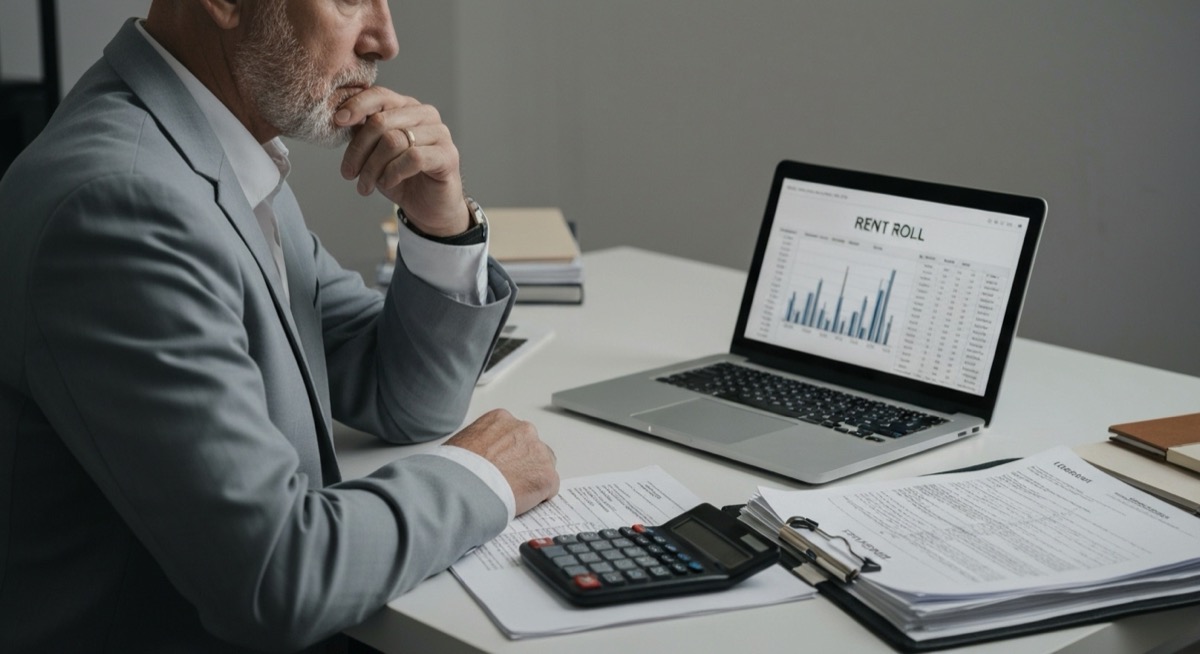 Professional real estate investor reviewing rent roll spreadsheet with calculator and property documents on desk