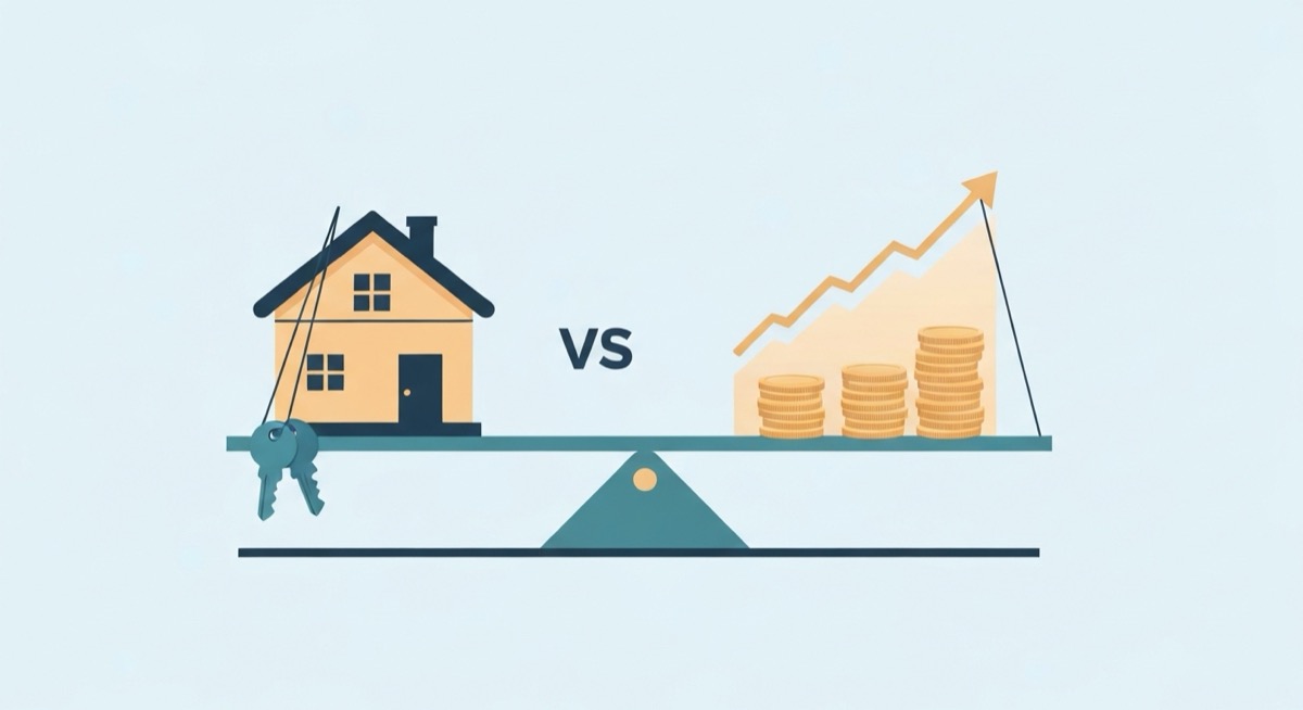 A seesaw balance with a house and keys on one side and a rising investment growth chart with stacked coins on the other, illustrating the rent versus buy financial decision