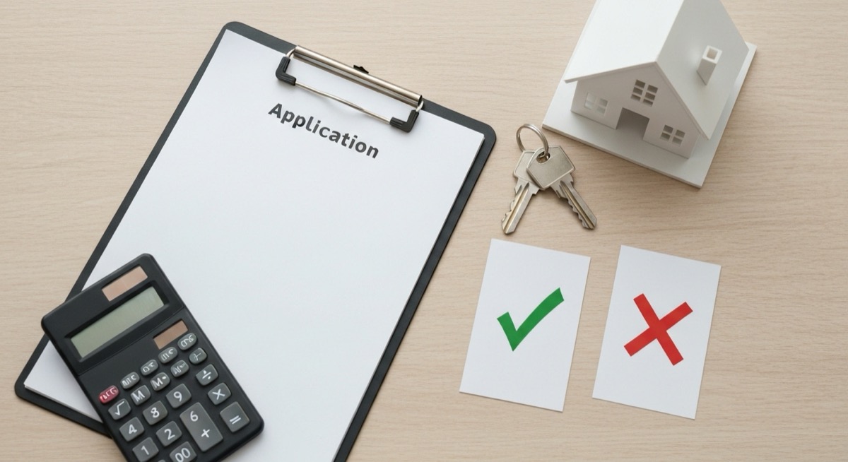 A rental screening desk flat lay with an application clipboard, a calculator, house keys, a small white model house, and green approve and red decline cards