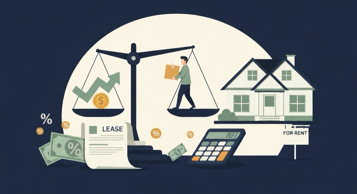 Flat illustration of a balance scale weighing a rising rent arrow with a dollar coin against a tenant carrying a moving box, beside a lease renewal document, a calculator, and a single-family rental house with a for-rent sign, representing the trade-off between raising rent at renewal and tenant turnover risk