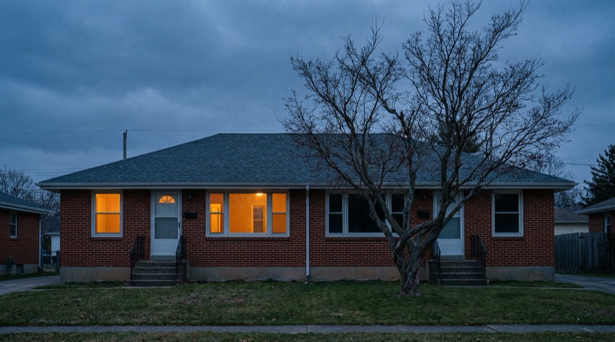 Brick duplex at dusk with one unit lit and the other dark, the vacancy that decides breakeven occupancy