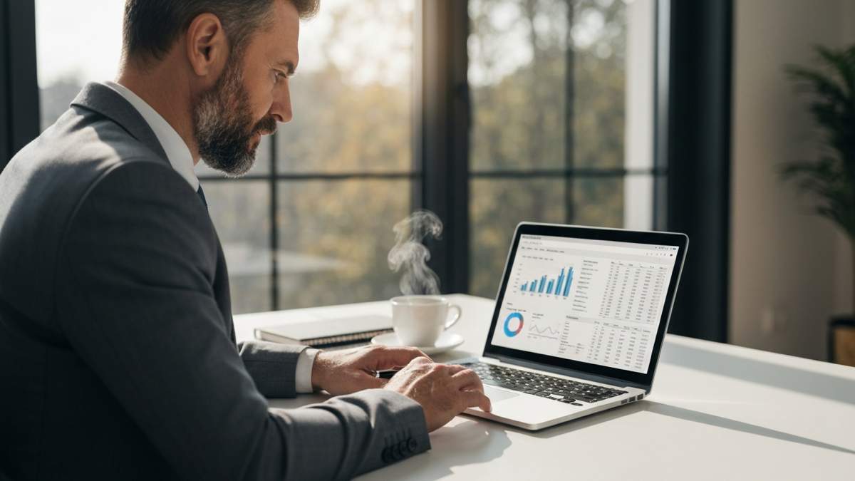 Real estate investor analyzing rental property data on laptop with spreadsheet charts