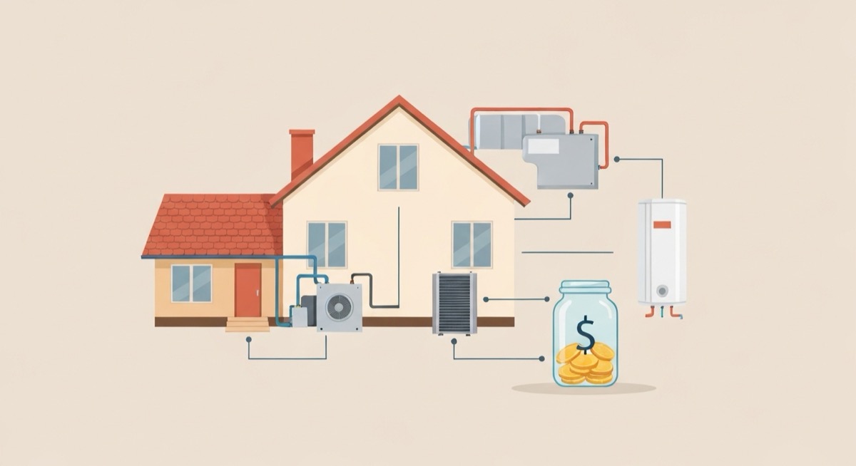 Flat illustration of a two-unit house with its roof, furnace, air conditioner, and water heater each linked to a glass jar filling with gold coins, representing a capital reserve fund for rental property CapEx