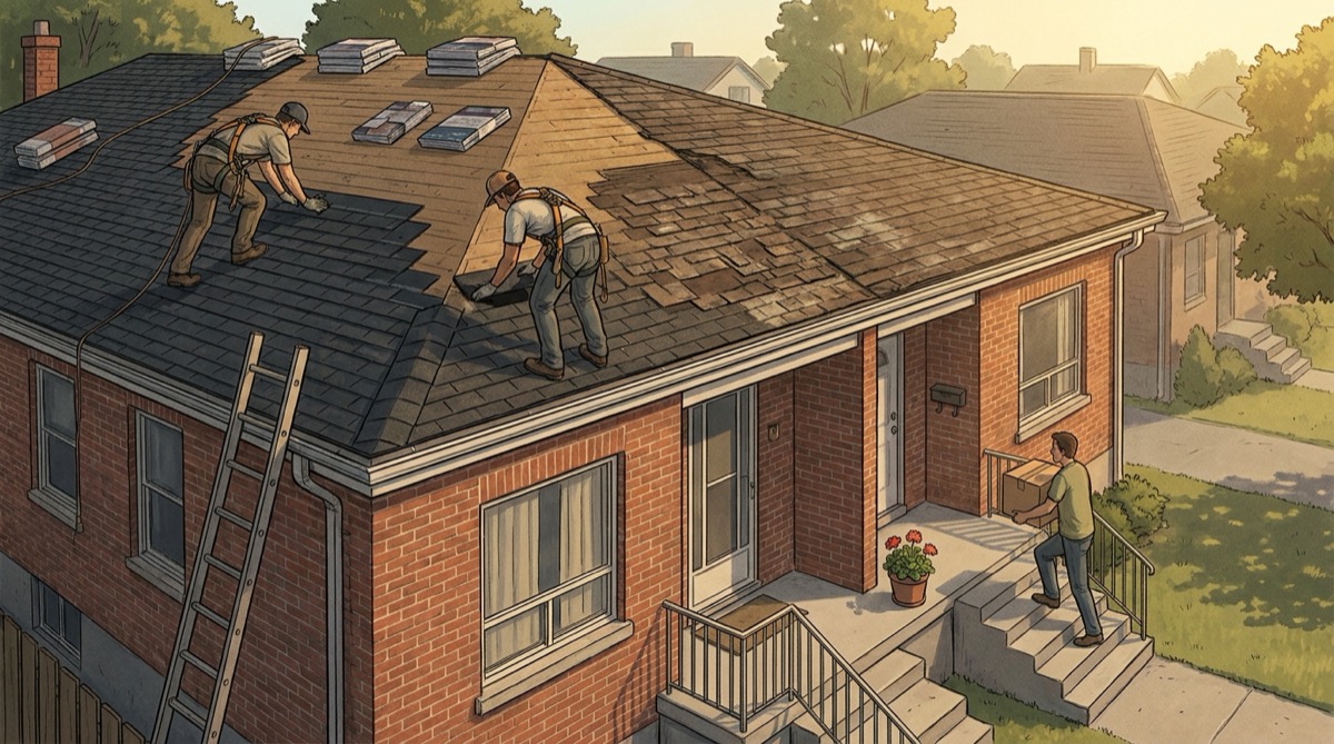 Illustration of two roofers laying new asphalt shingles over a worn section of a brick duplex roof while a tenant carries a moving box up the front steps
