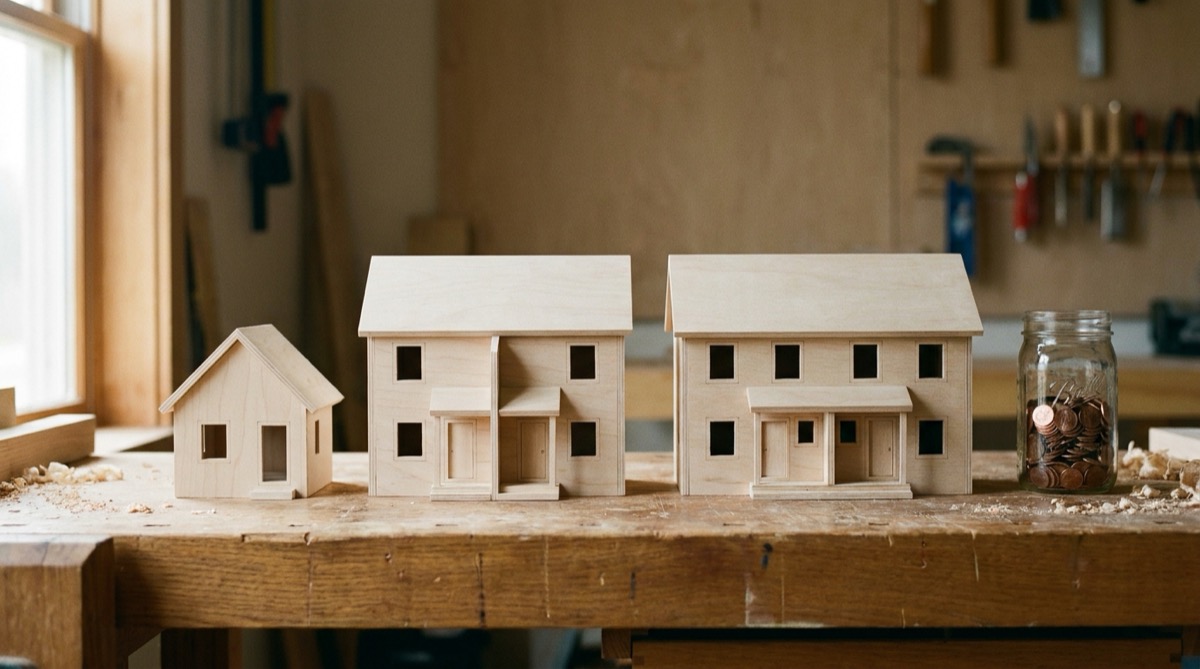 Three unpainted wooden models of a small house, a duplex and a fourplex lined up on a workshop bench beside a glass jar of copper coins