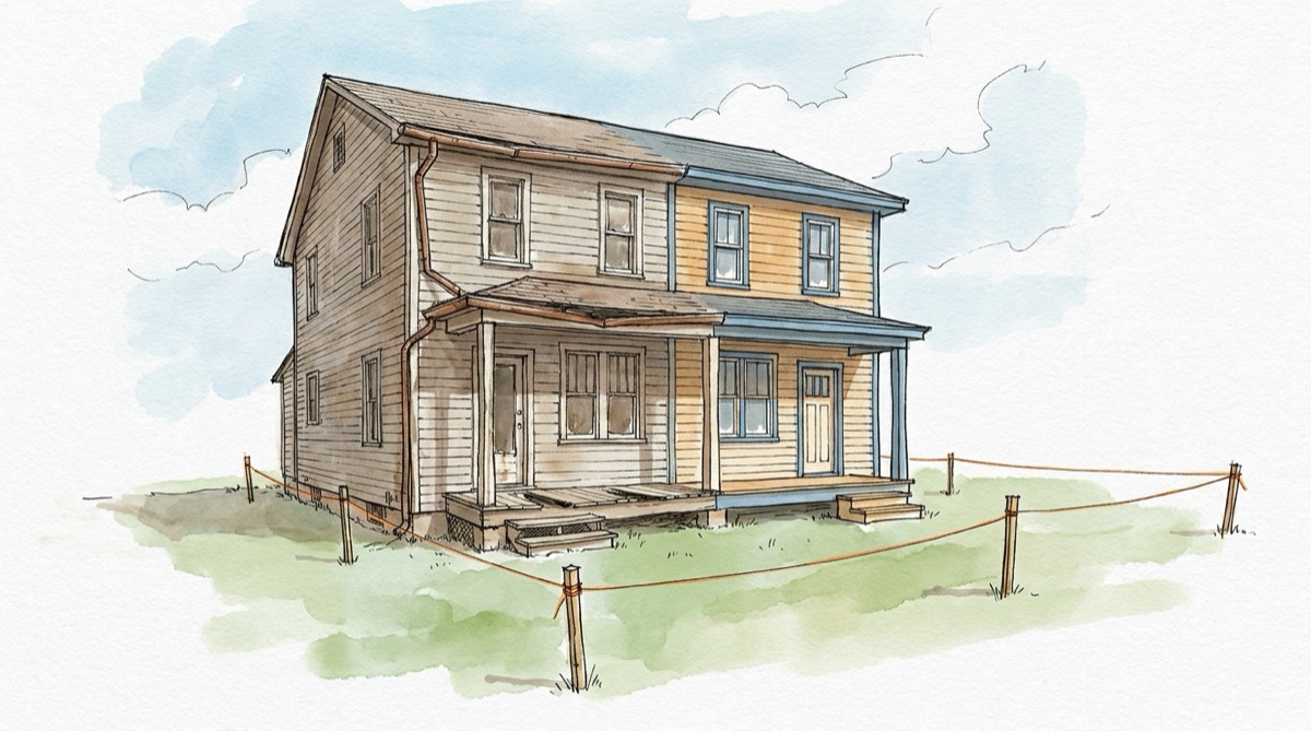 Ink and watercolor illustration of a two-story side-by-side duplex, one half with weathered siding and a sagging porch, the other freshly painted, with survey stakes and an orange string line marking the lot boundary in the grass