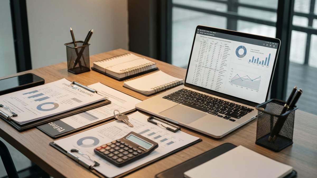 Property manager organized desk with expense tracking documents, laptop spreadsheet, calculator, and property keys