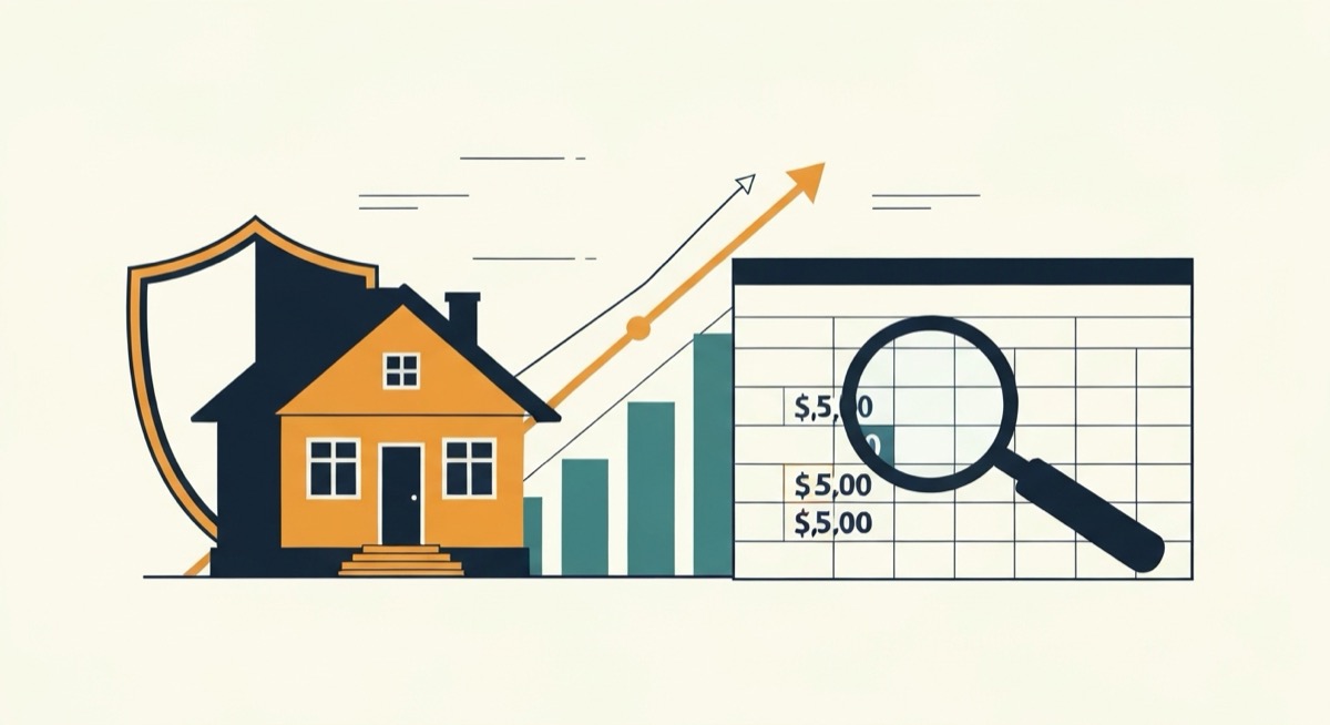 Flat illustration of a single-family rental house behind an insurance shield, a rising line chart of climbing premiums, and a spreadsheet grid with a magnifying glass over one highlighted dollar row, representing tracking rental property insurance costs in Excel