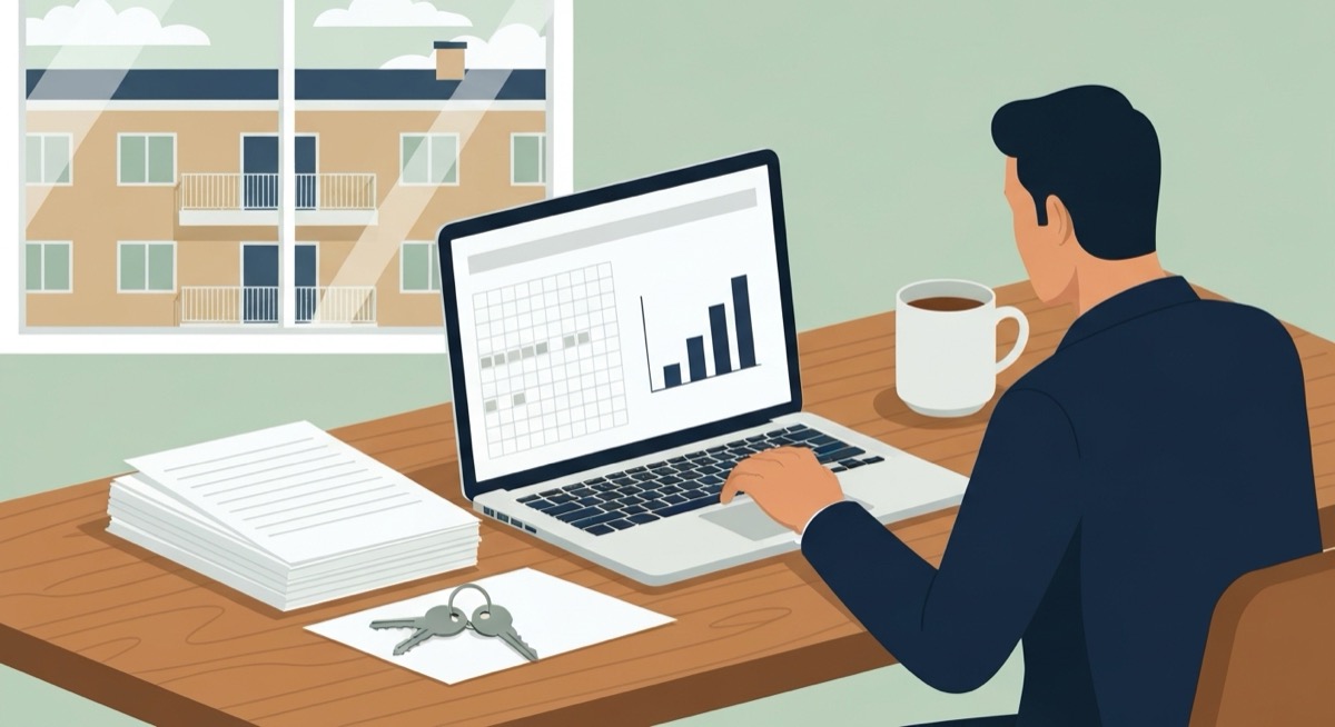 Flat illustration of a property manager at a desk working on a laptop showing a rent roll spreadsheet grid and a bar chart, with a stack of lease documents and apartment keys on the desk and a three-story apartment building with balconies through the window behind
