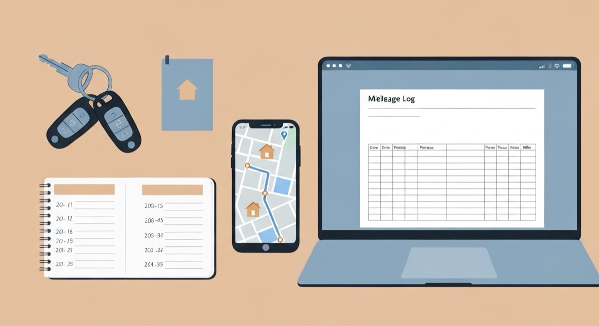A landlord's mileage tracking setup with car keys, a dated trip notebook, a smartphone showing a map route to a rental house, and a laptop displaying a mileage log spreadsheet