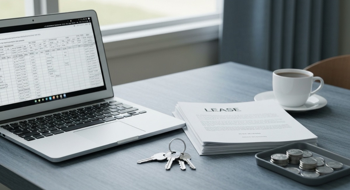 Property manager desk with laptop showing a rental income spreadsheet, lease documents, unit keys, and laundry coins