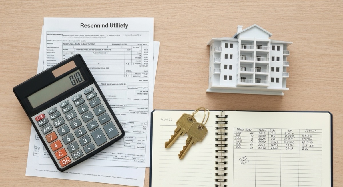A flat lay of a residential utility bill, a calculator, a white model apartment building, house keys, and a notebook with a table of figures, representing allocating rental utilities to tenants