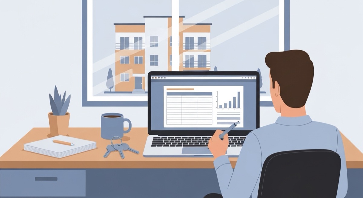 Flat illustration of a property manager at a desk viewing a laptop showing a rental security deposit ledger spreadsheet with a running balance and bar chart, apartment keys and a coffee mug on the desk, and a small multi-unit apartment building visible through the window behind