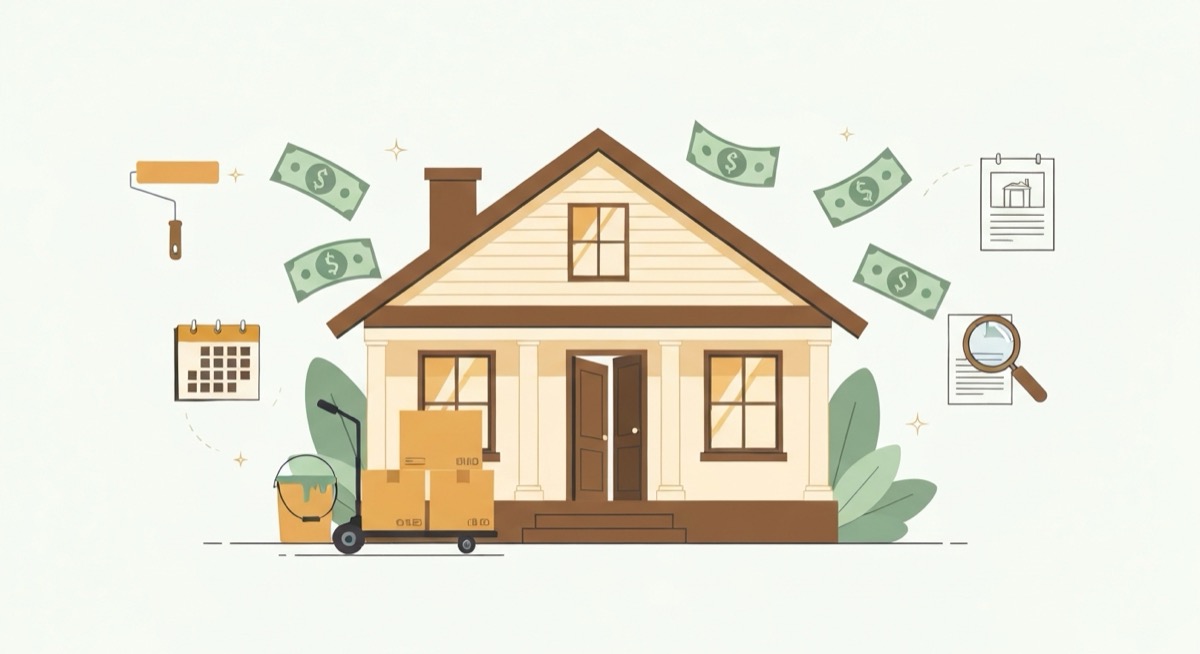 Flat illustration of a single-family rental house with its front door open, moving boxes on a dolly, floating dollar bills, a paint roller and bucket, a calendar of vacant days, and a magnifying glass over an application, representing the hidden cost of tenant turnover
