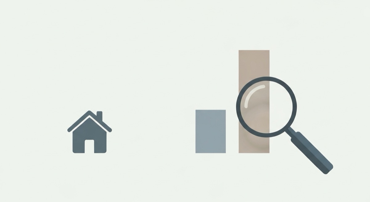 Flat minimalist illustration of a house icon beside a short bar and a taller bar with a magnifying glass, representing the gap between budgeted and actual rental property vacancy rate calculated in Excel