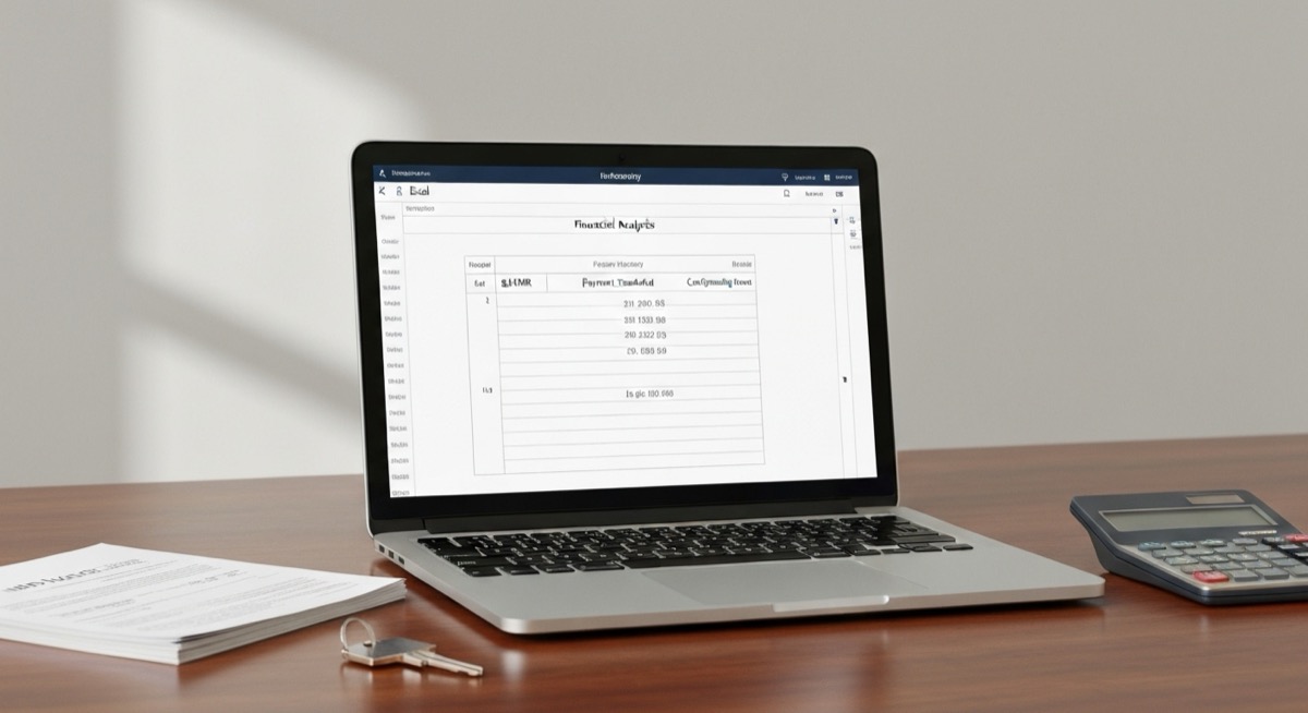 Laptop on wooden desk showing rental property financial analysis spreadsheet, with HUD voucher paperwork and house keys beside it