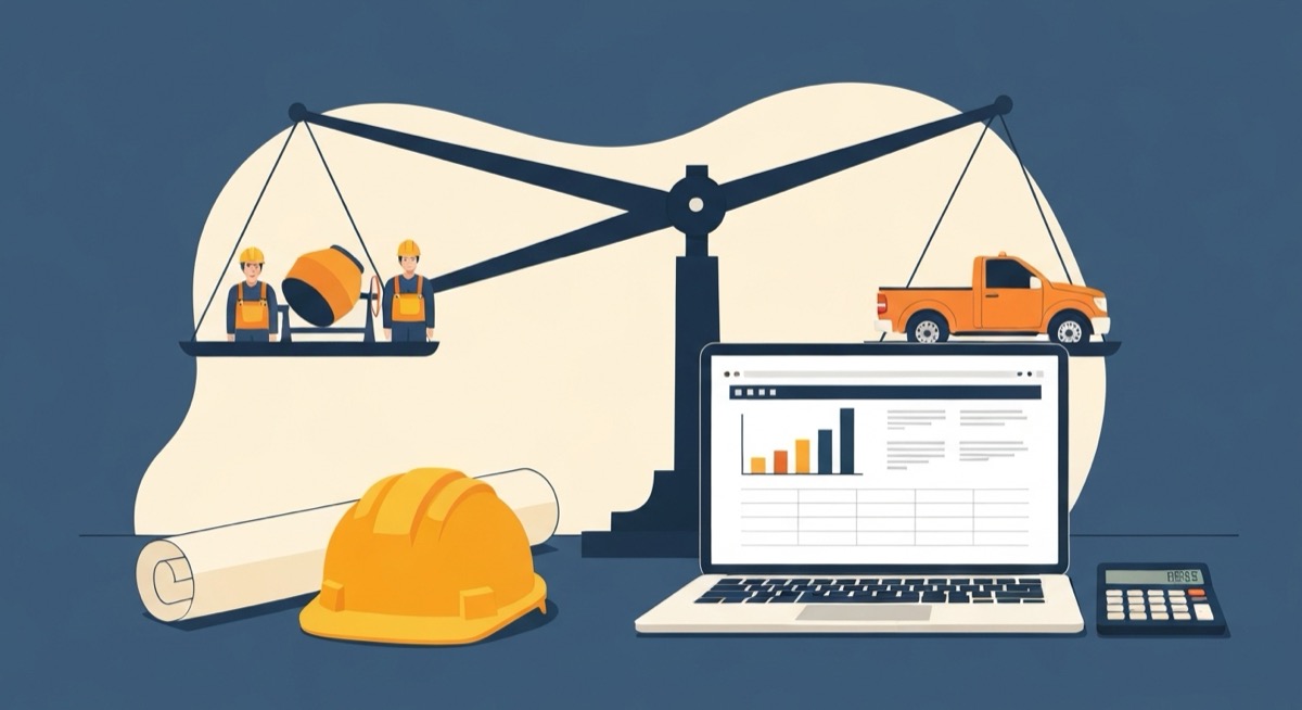 Flat illustration of a balance scale weighing an in-house construction crew with a cement mixer against a subcontractor pickup truck, beside a laptop showing a cost comparison chart, a hard hat, a rolled blueprint, and a calculator