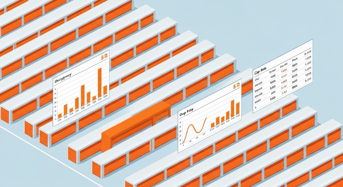Isometric illustration of a self storage facility with rows of orange roll-up doors and floating spreadsheet panels showing occupancy bar charts and cap rate analysis tables