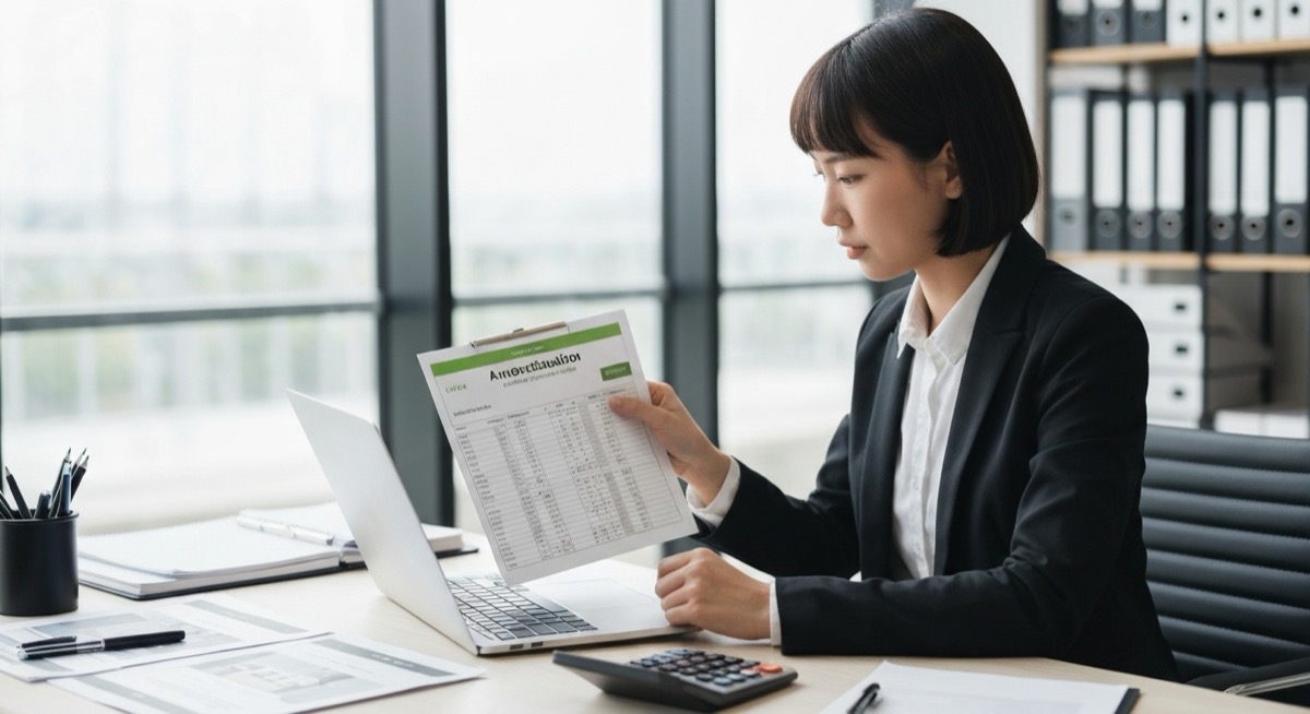 Professional real estate investor reviewing Excel amortization spreadsheet in modern office setting