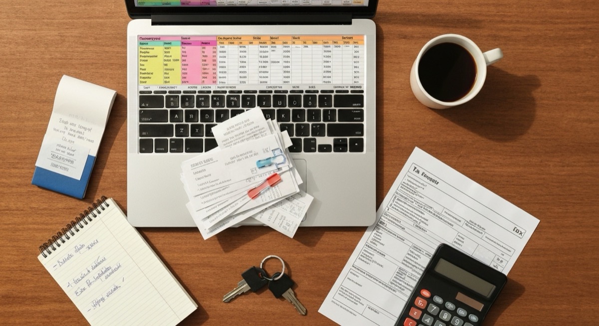 Top-down view of a short-term rental host's tax preparation desk with laptop showing an expense spreadsheet, organized receipts, calculator, tax form, notebook, coffee cup, and house keys
