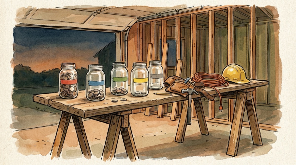 Ink and watercolor illustration of five glass jars filled with coins to different levels on a sawhorse workbench in an open garage at dusk, beside a leather tool belt, an orange extension cord and a yellow hard hat, with the framing of an unfinished addition behind