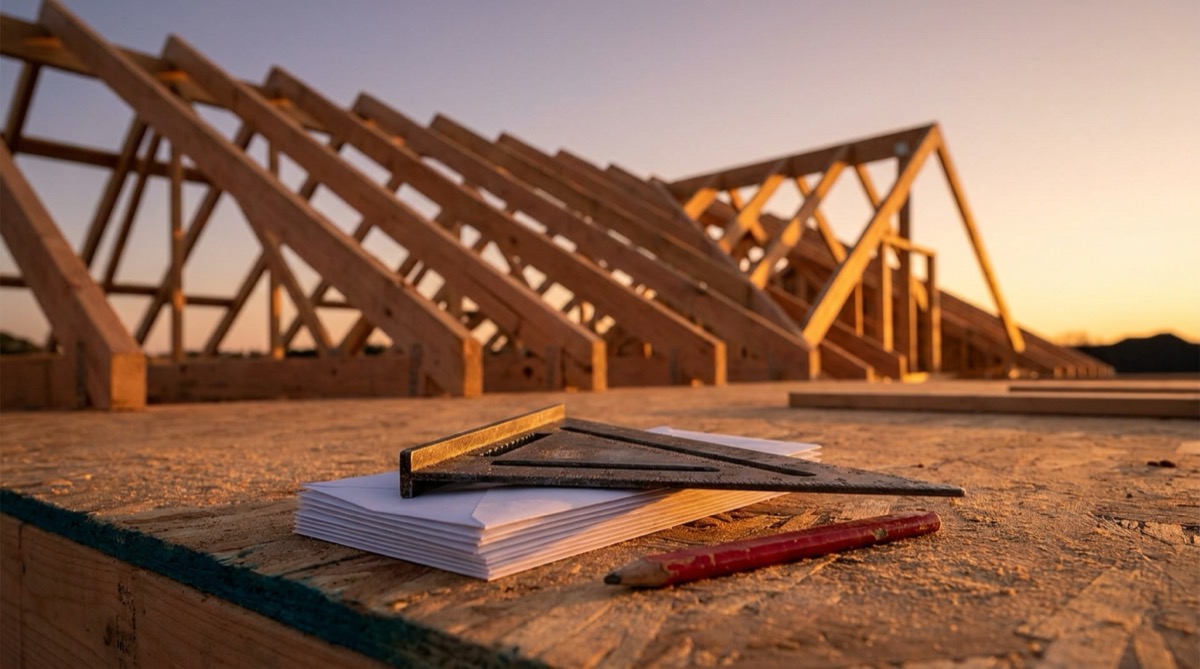Partially framed timber roof trusses at sunset above a plywood deck holding a stack of blank envelopes under a steel rafter square and a red carpenter pencil