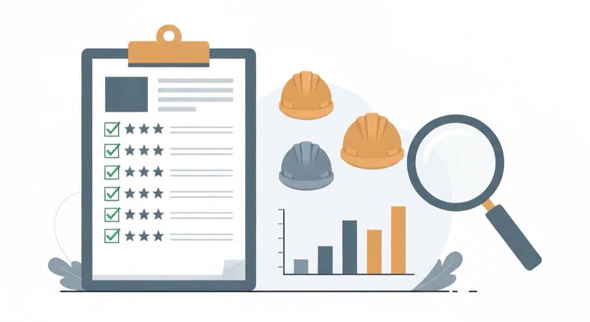 Flat minimalist illustration of a subcontractor prequalification scorecard clipboard with star ratings and green checkmarks beside three hard hats, a comparison bar chart, and a magnifying glass