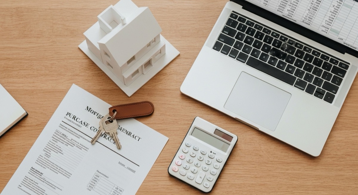 A flat lay of a white model house, house keys on a leather fob, a mortgage statement and real estate purchase contract, a calculator, and a laptop showing a financial spreadsheet, representing a subject to real estate deal calculator in Excel