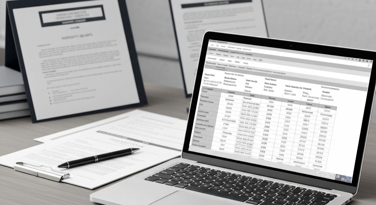 Professional laptop displaying tenant tracking spreadsheet with lease dates, payment history, and property management documents on office desk