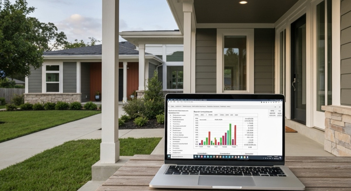 Modern vacation rental property with laptop showing Excel spreadsheet displaying revenue charts and vacation rental cash flow calculations