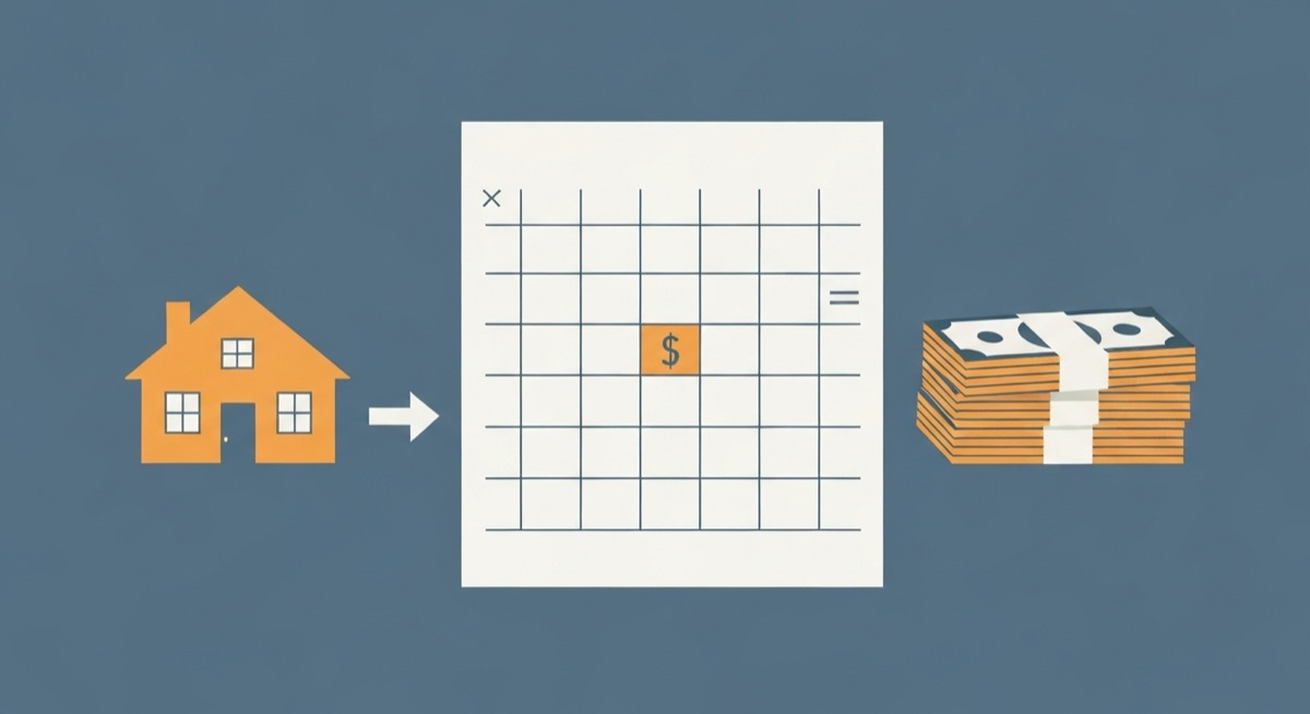 Flat illustration of a house connected by an arrow to a spreadsheet grid with one highlighted dollar cell and a stack of cash, representing a wholesale real estate assignment fee calculator in Excel