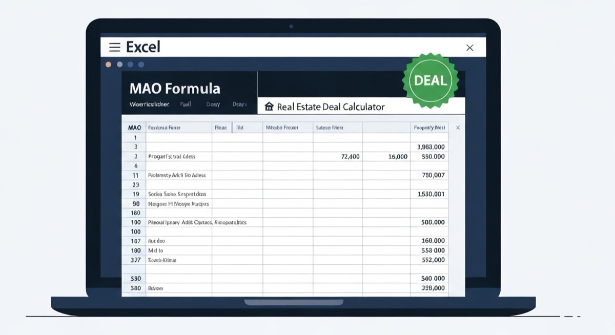 Excel spreadsheet showing a wholesale real estate deal calculator with MAO formula and DEAL verdict